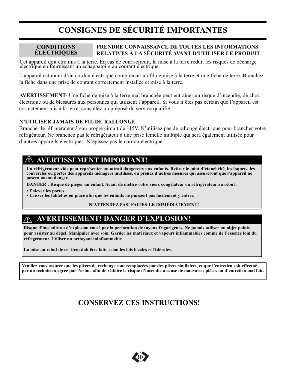 Consignes de sécurité importantes, Avertissement! danger d’explosion, Avertissement important | Conservez ces instructions | Danby DFF092C1WDB User Manual | Page 12 / 32