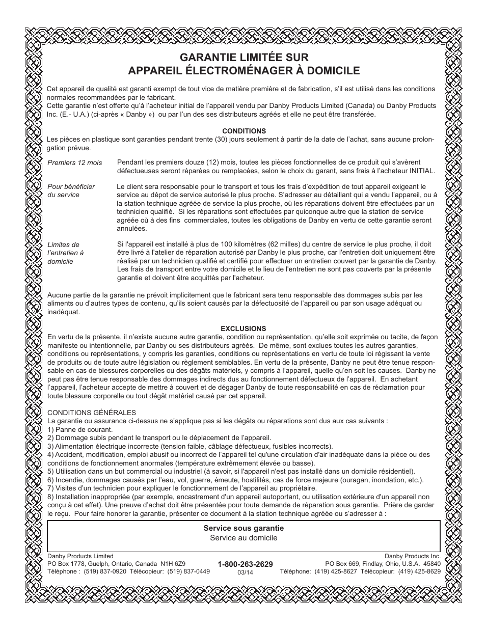 Limited in-home appliance warranty | Danby DFF092C1WDB User Manual | Page 21 / 32