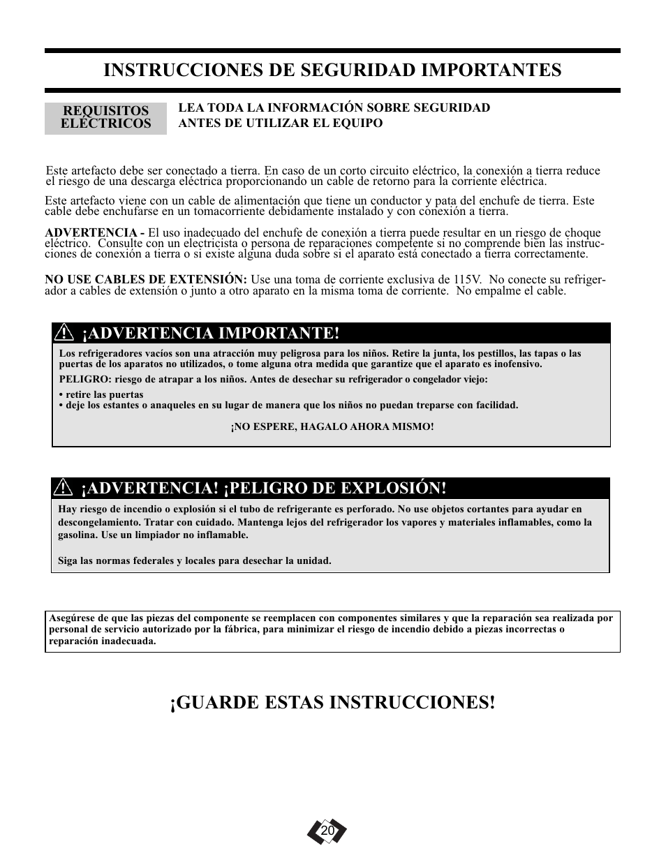 Instrucciones de seguridad importantes, Guarde estas instrucciones, Advertencia! ¡peligro de explosión | Advertencia importante | Danby DFF092C1WDB User Manual | Page 22 / 32