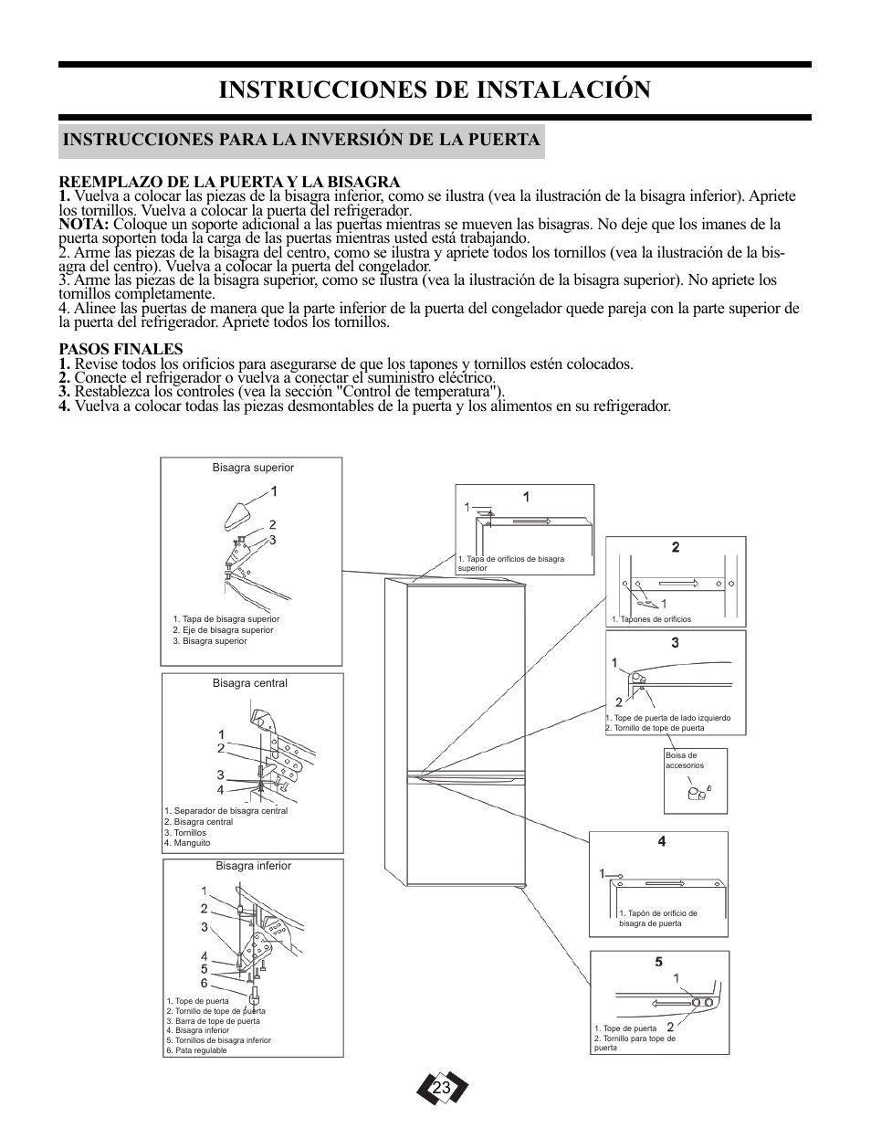 Instrucciones de instalación, Instrucciones para la inversión de la puerta | Danby DFF092C1WDB User Manual | Page 25 / 32