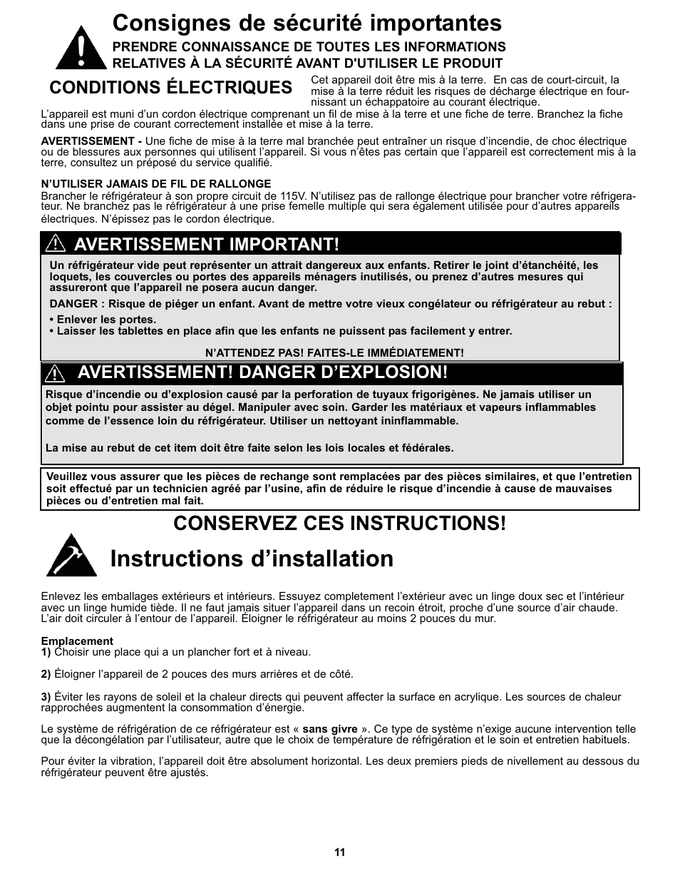 Instructions d’installation, Consignes de sécurité importantes, Conservez ces instructions | Conditions électriques, Avertissement! danger d’explosion, Avertissement important | Danby DFF100C1WDB User Manual | Page 14 / 33