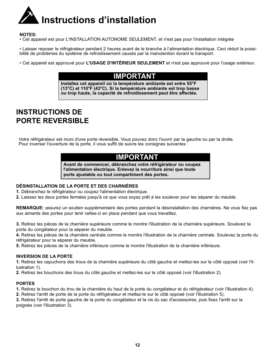 Instructions d’installation, Important, Instructions de porte reversible | Danby DFF100C1WDB User Manual | Page 15 / 33