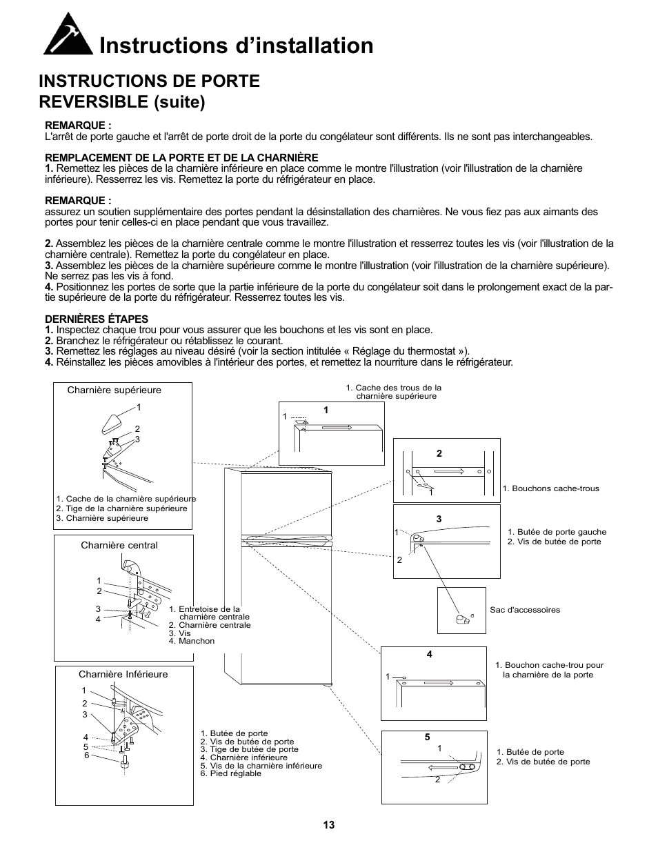 Instructions d’installation, Instructions de porte reversible (suite) | Danby DFF100C1WDB User Manual | Page 16 / 33