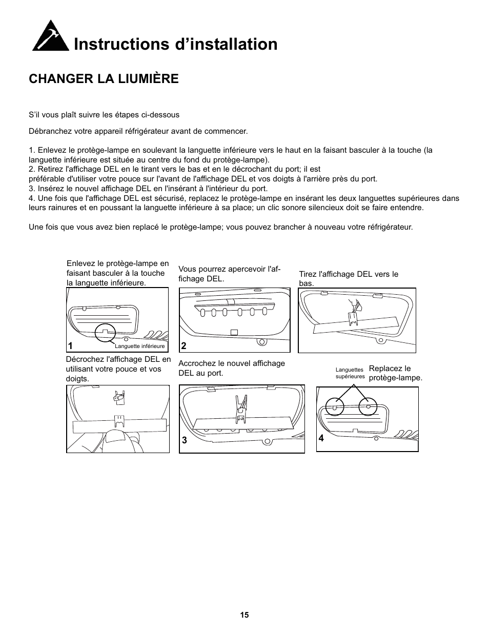 Instructions d’installation, Changer la liumière | Danby DFF100C1WDB User Manual | Page 18 / 33