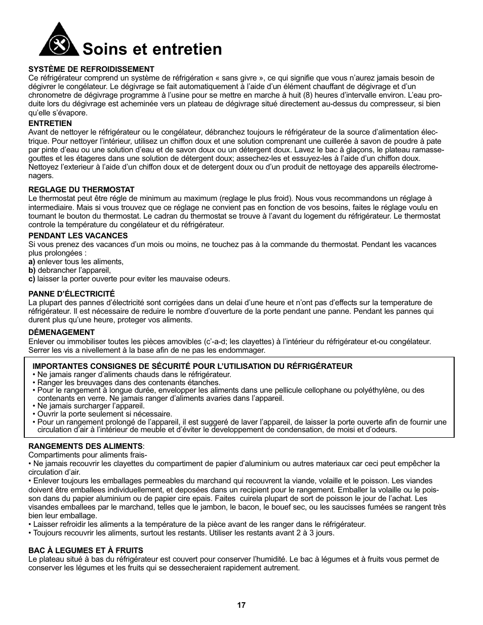 Soins et entretien | Danby DFF100C1WDB User Manual | Page 20 / 33