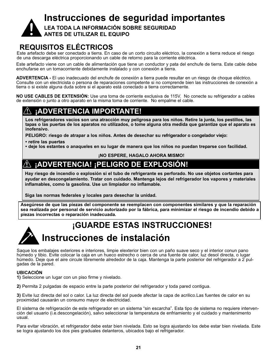 Instrucciones de seguridad importantes, Instrucciones de instalación, Guarde estas instrucciones | Requisitos eléctricos, Advertencia! ¡peligro de explosión, Advertencia importante | Danby DFF100C1WDB User Manual | Page 24 / 33