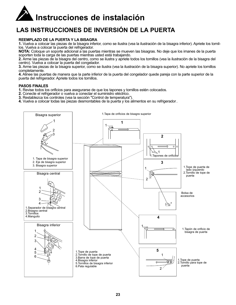 Instrucciones de instalación, Las instrucciones de inversión de la puerta | Danby DFF100C1WDB User Manual | Page 26 / 33