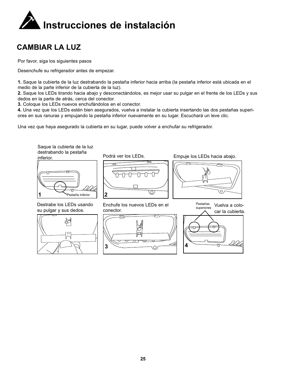 Instrucciones de instalación, Cambiar la luz | Danby DFF100C1WDB User Manual | Page 28 / 33