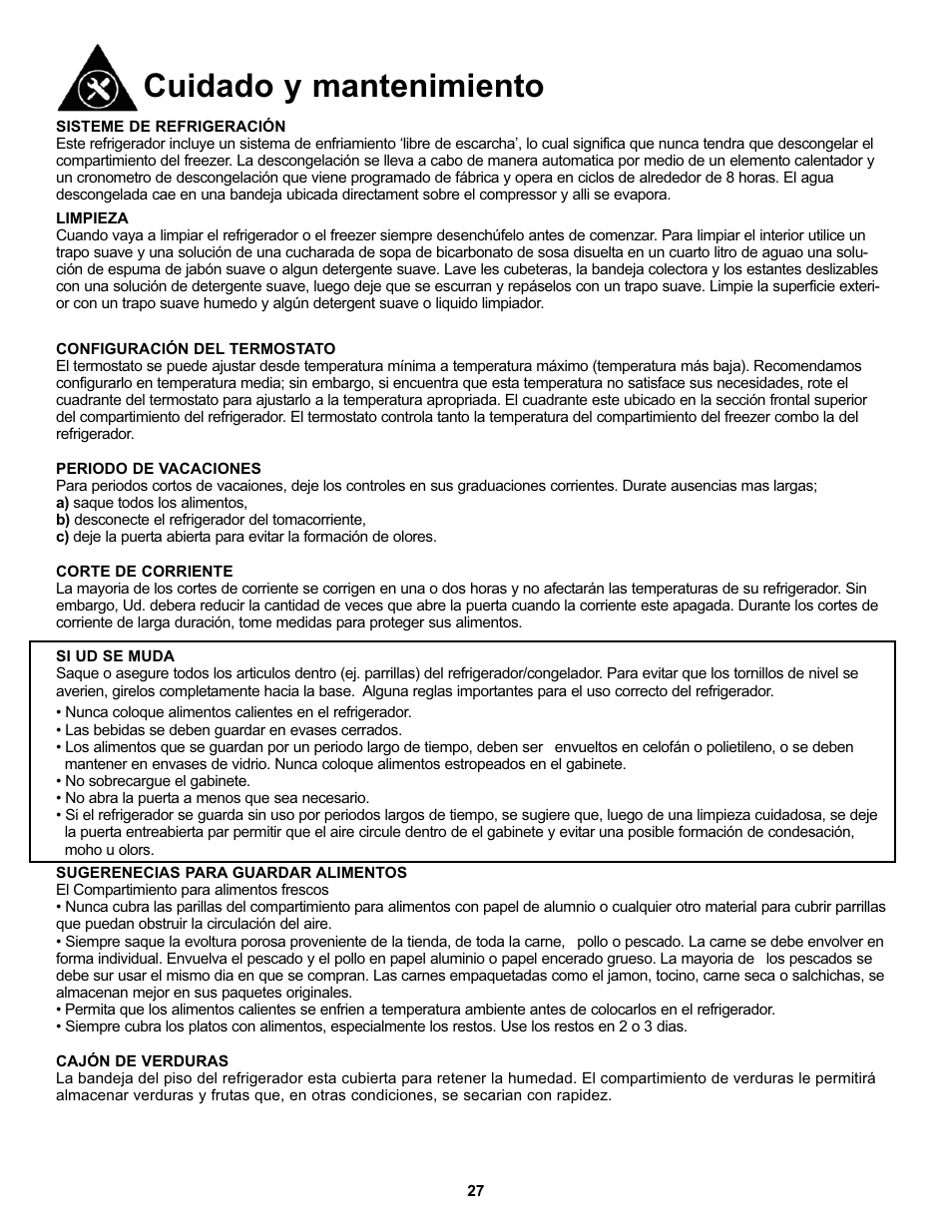 Cuidado y mantenimiento | Danby DFF100C1WDB User Manual | Page 30 / 33