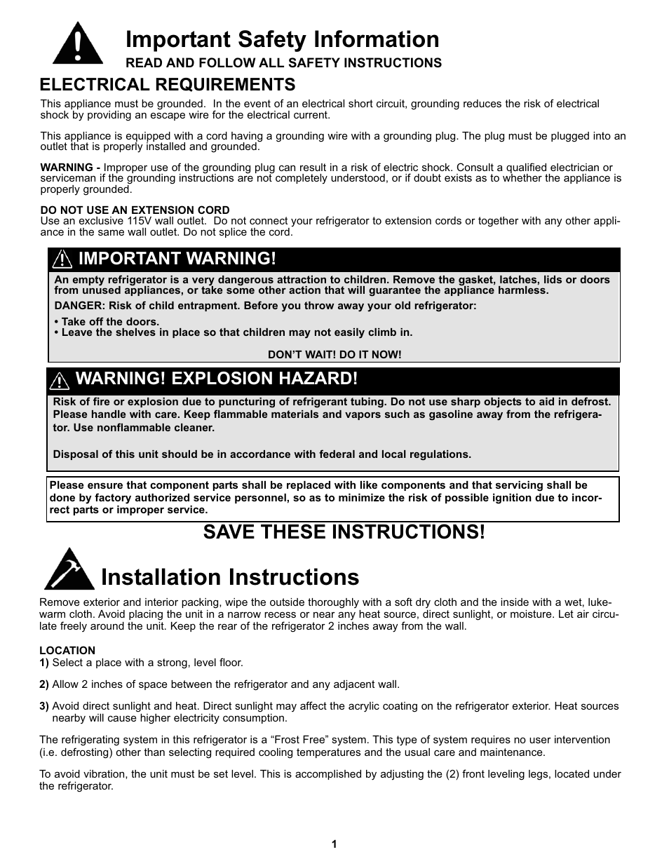 Installation instructions, Important safety information, Save these instructions | Electrical requirements, Important warning, Warning! explosion hazard | Danby DFF100C1WDB User Manual | Page 4 / 33