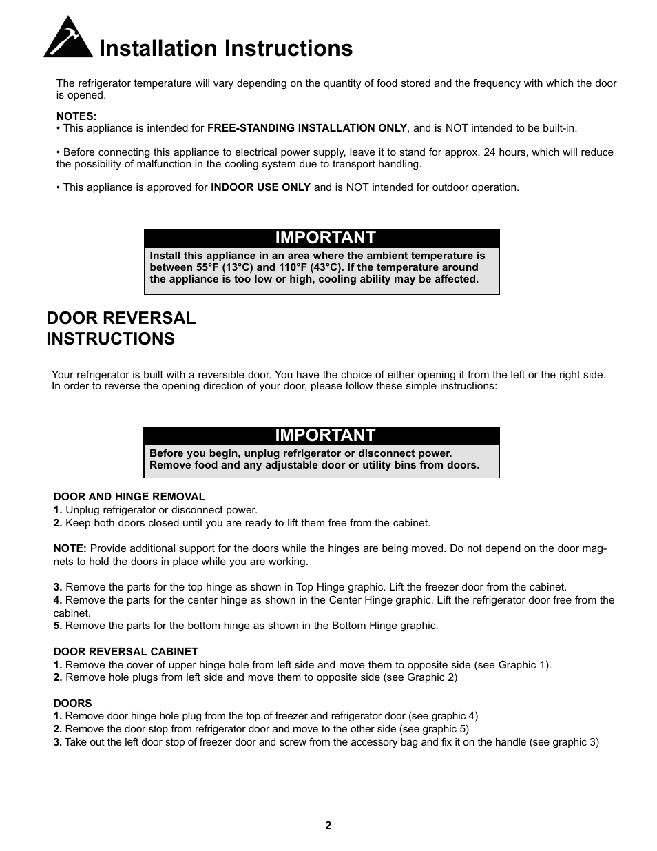Installation instructions, Important, Door reversal instructions | Danby DFF100C1WDB User Manual | Page 5 / 33