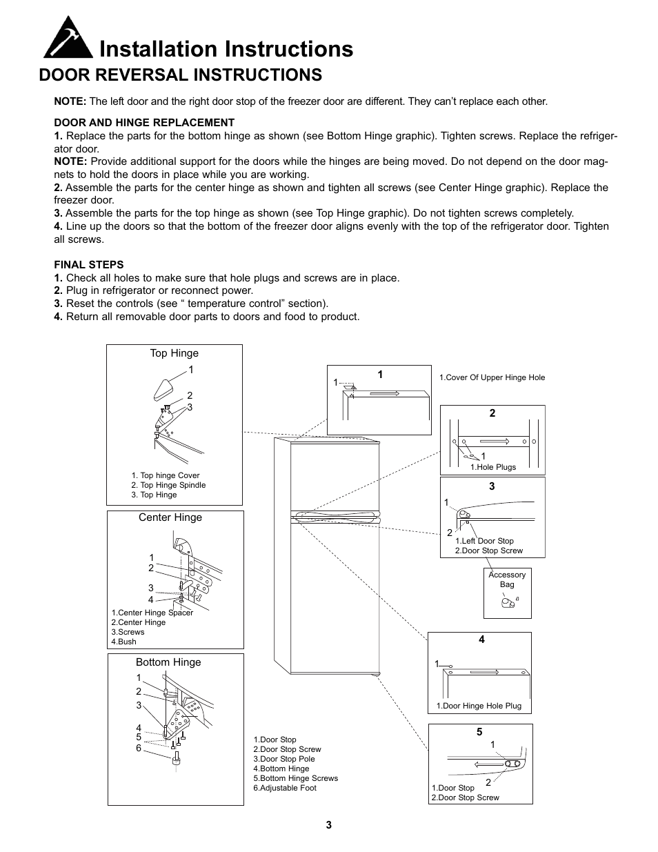 Installation instructions, Door reversal instructions | Danby DFF100C1WDB User Manual | Page 6 / 33