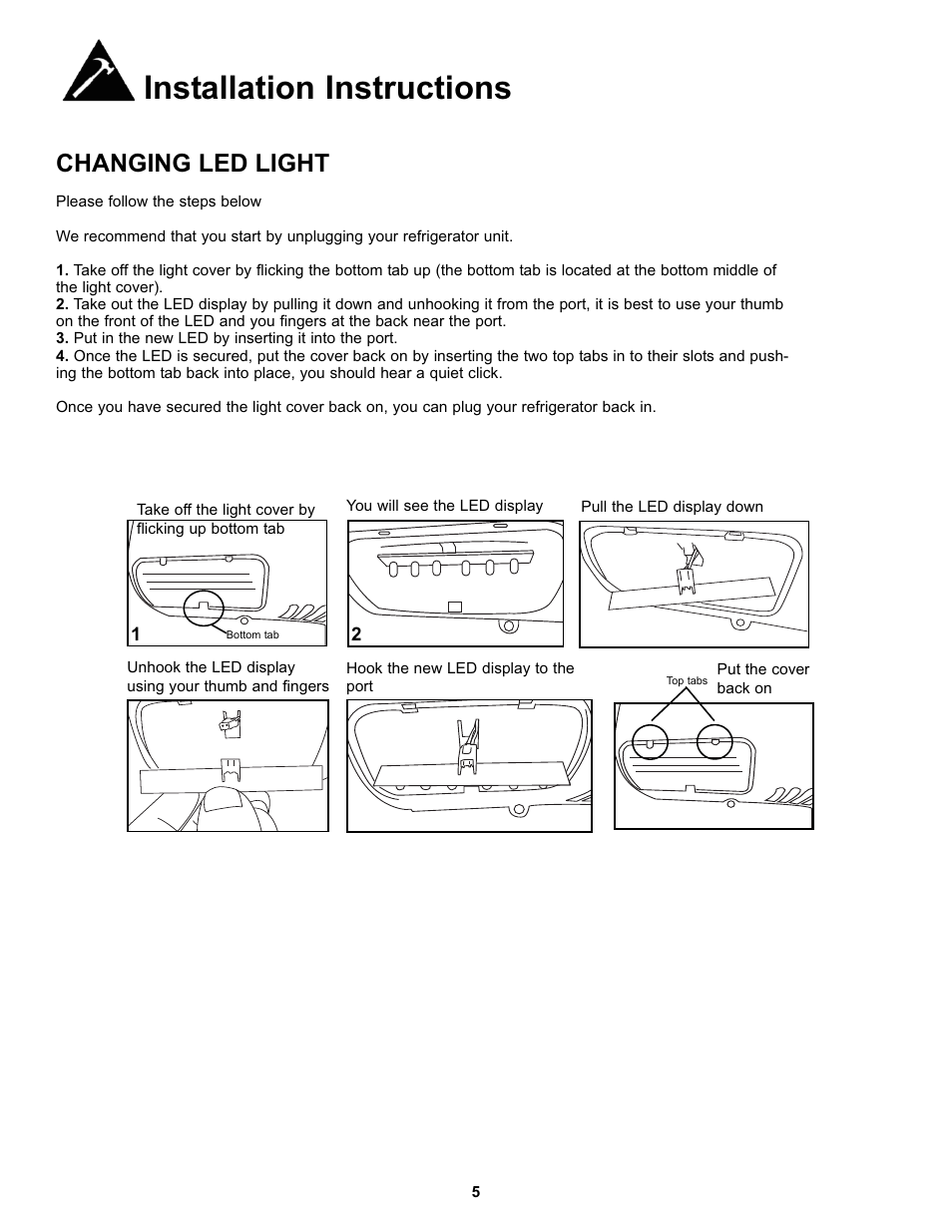 Installation instructions, Changing led light | Danby DFF100C1WDB User Manual | Page 8 / 33