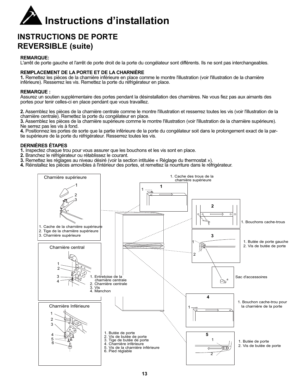 Instructions d’installation, Instructions de porte reversible (suite) | Danby DFF100C1BSSDD User Manual | Page 16 / 33