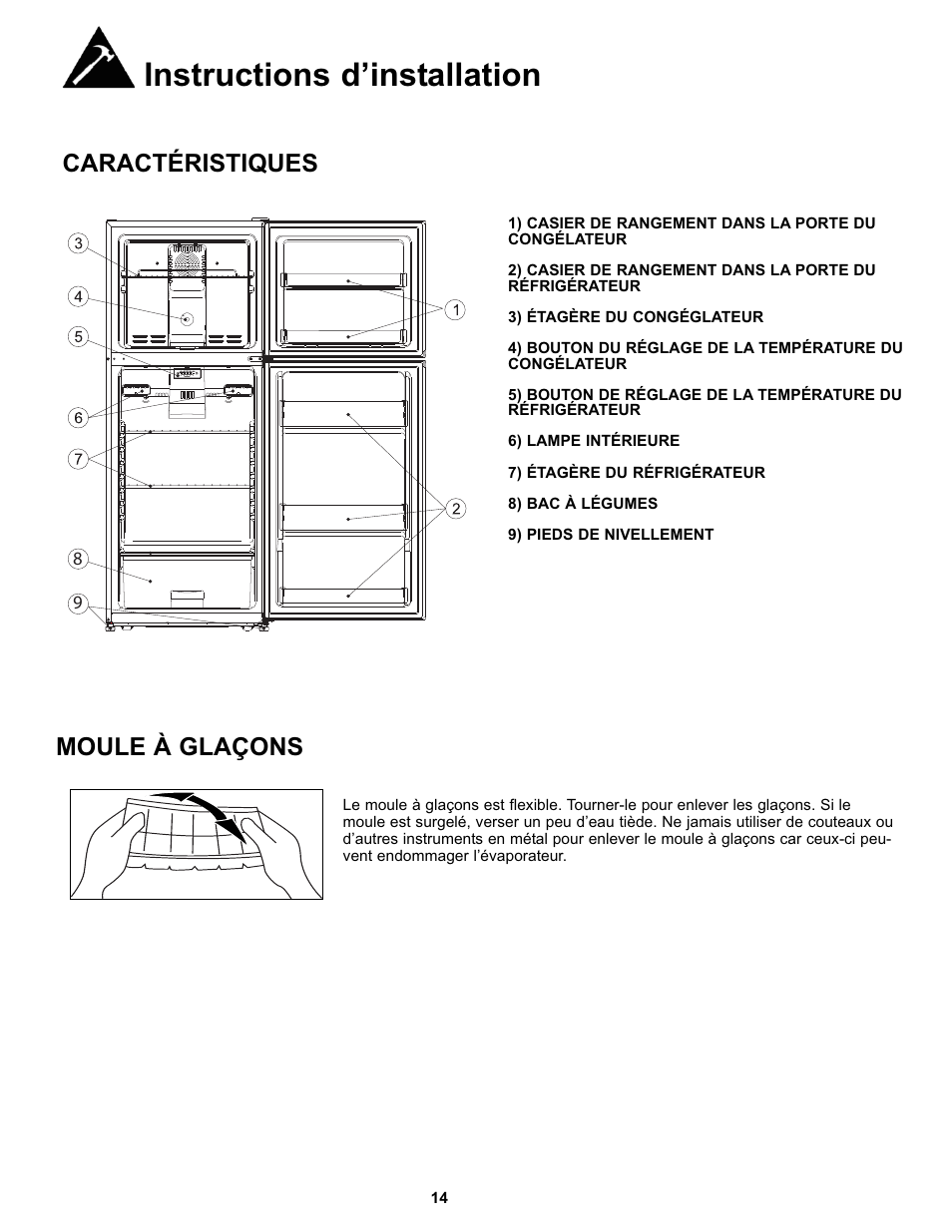 Instructions d’installation, Caractéristiques moule à glaçons | Danby DFF100C1BSSDD User Manual | Page 17 / 33