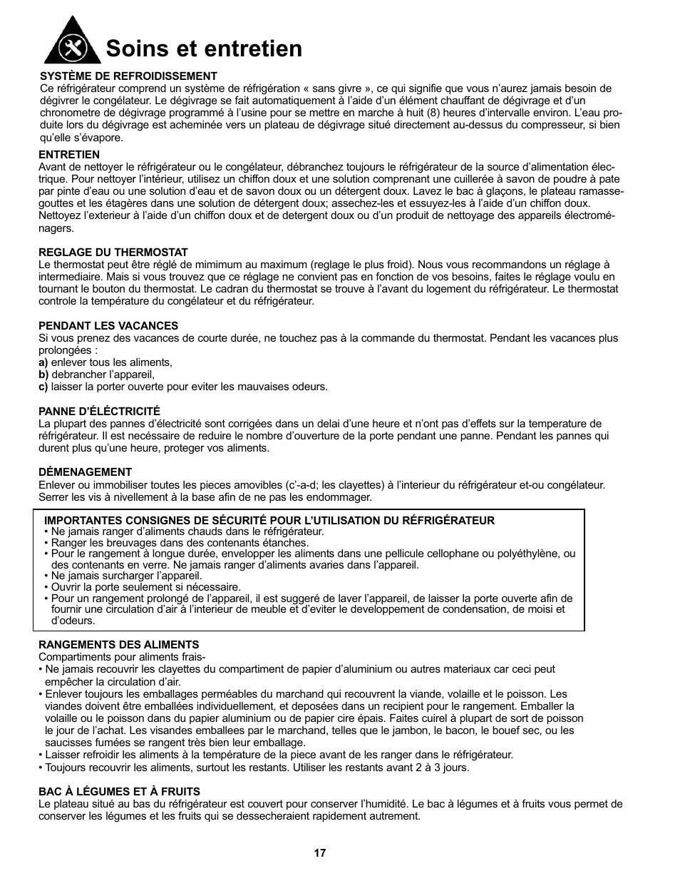 Soins et entretien | Danby DFF100C1BSSDD User Manual | Page 20 / 33