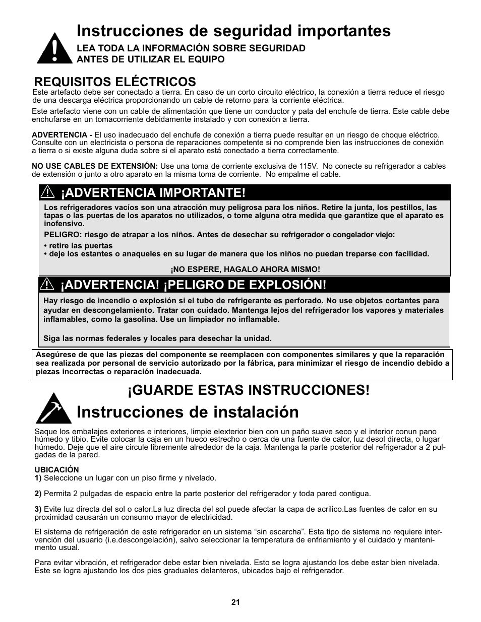 Instrucciones de seguridad importantes, Instrucciones de instalación, Guarde estas instrucciones | Requisitos eléctricos, Advertencia! ¡peligro de explosión, Advertencia importante | Danby DFF100C1BSSDD User Manual | Page 24 / 33