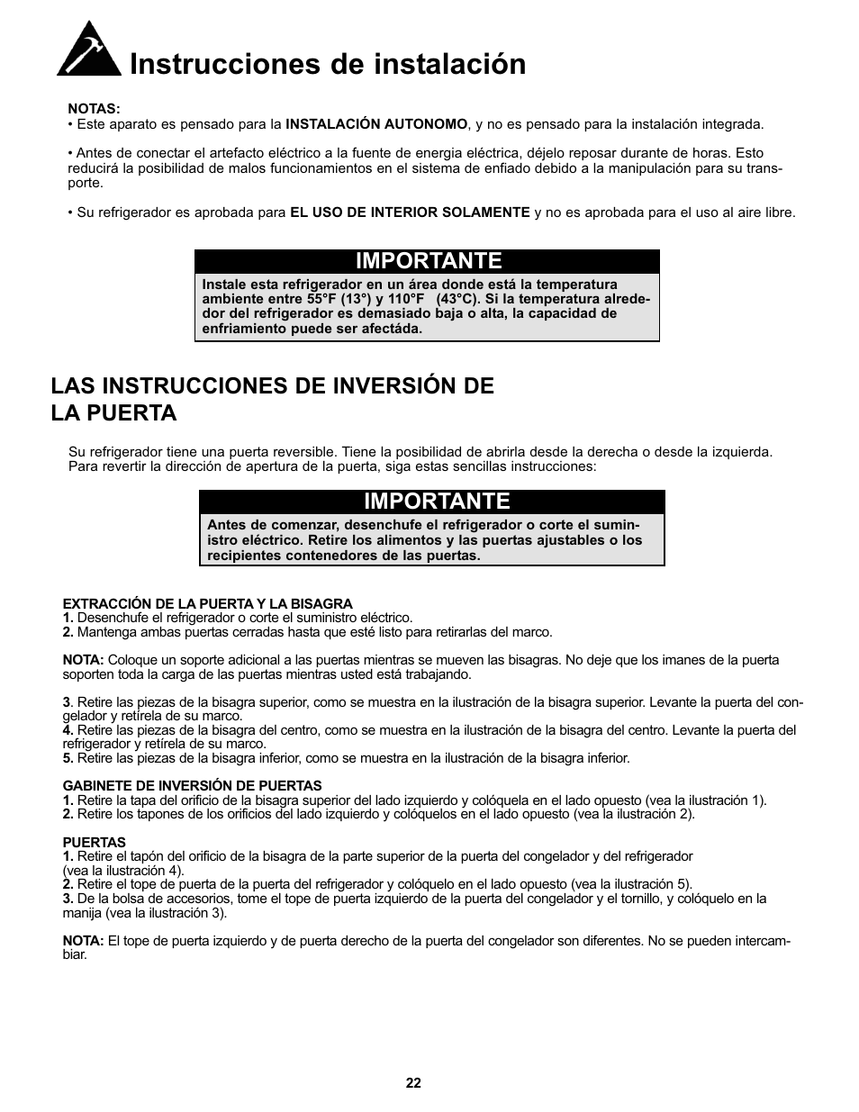 Instrucciones de instalación, Importante, Las instrucciones de inversión de la puerta | Danby DFF100C1BSSDD User Manual | Page 25 / 33