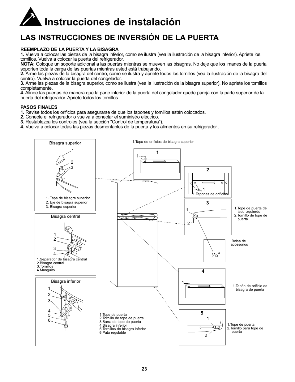 Instrucciones de instalación, Las instrucciones de inversión de la puerta | Danby DFF100C1BSSDD User Manual | Page 26 / 33