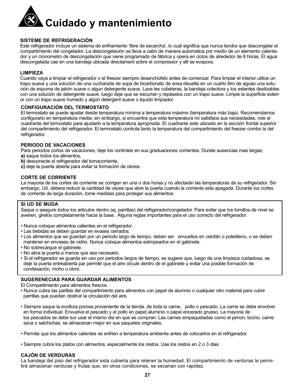 Cuidado y mantenimiento | Danby DFF100C1BSSDD User Manual | Page 30 / 33