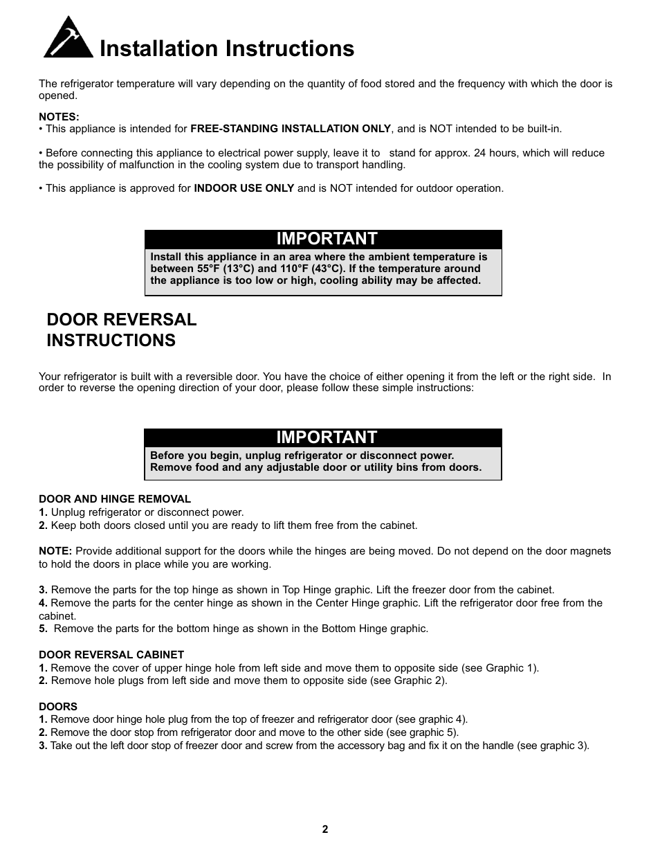 Installation instructions, Important, Door reversal instructions | Danby DFF100C1BSSDD User Manual | Page 5 / 33