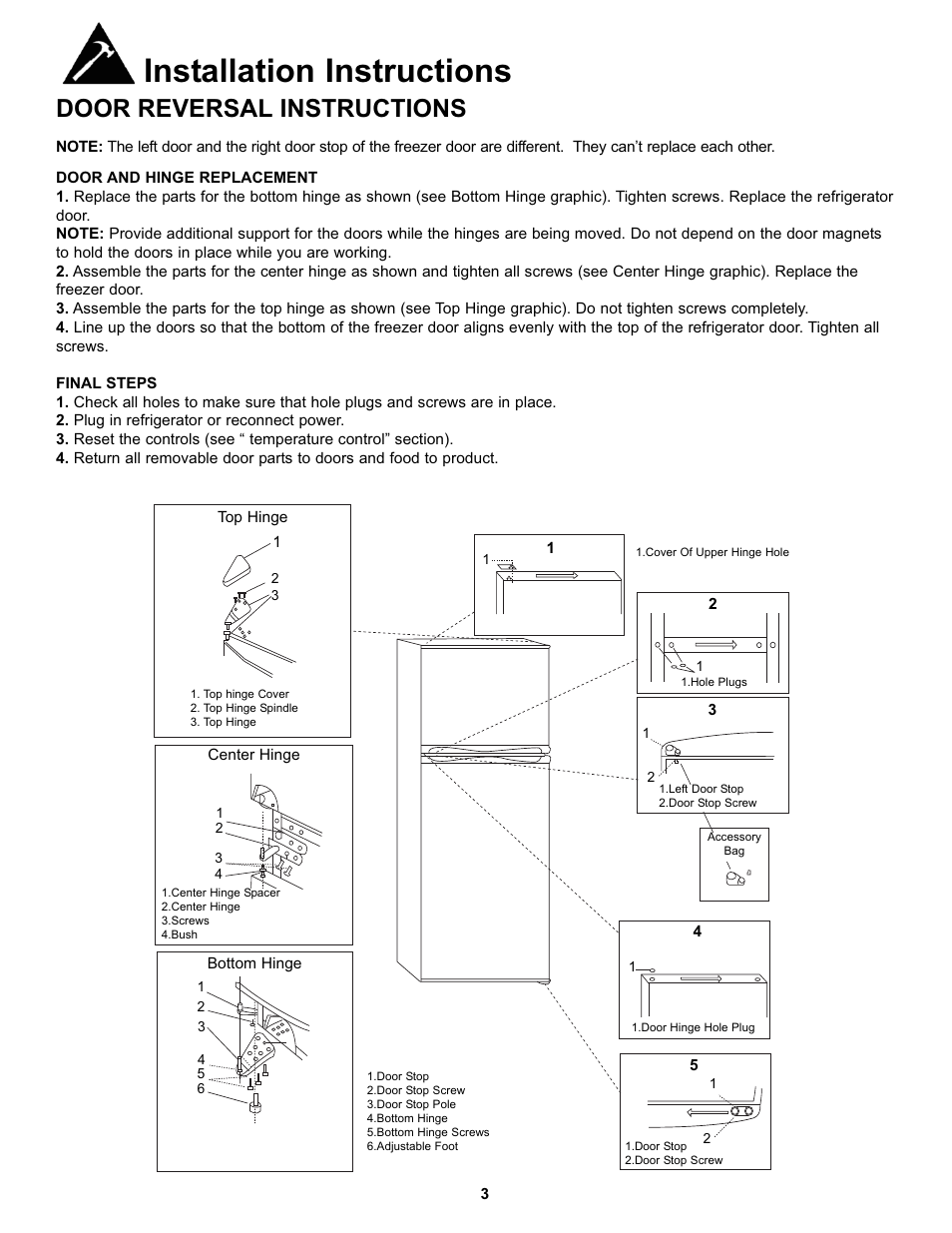 Installation instructions, Door reversal instructions | Danby DFF100C1BSSDD User Manual | Page 6 / 33