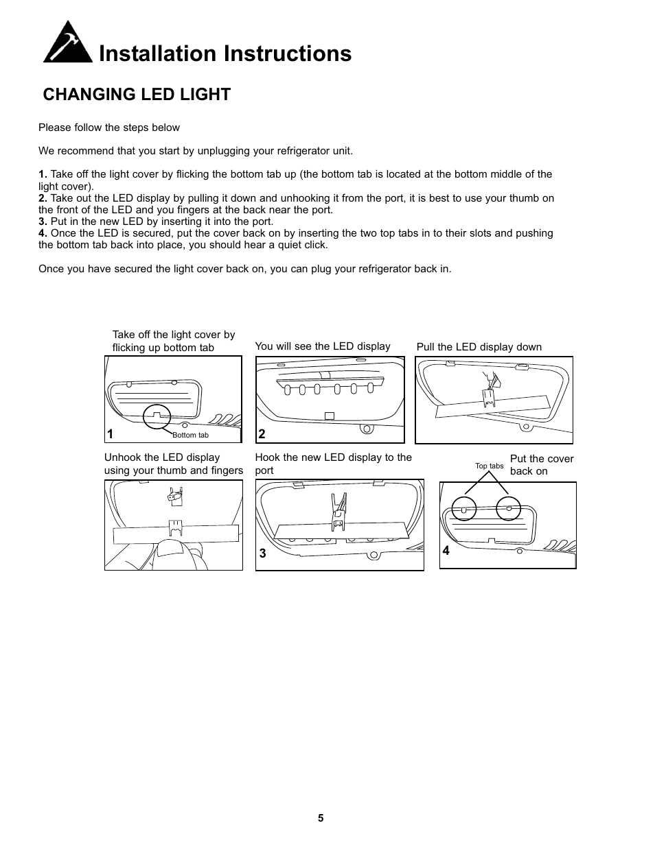 Installation instructions, Changing led light | Danby DFF100C1BSSDD User Manual | Page 8 / 33
