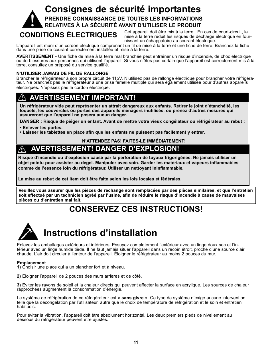 Consignes de sécurité importantes, Instructions d’installation, Conservez ces instructions | Conditions électriques, Avertissement! danger d’explosion, Avertissement important | Danby DFF100C2WDD User Manual | Page 14 / 33