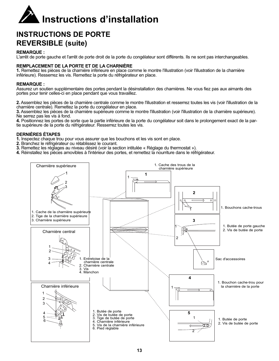 Instructions d’installation, Instructions de porte reversible (suite) | Danby DFF100C2WDD User Manual | Page 16 / 33