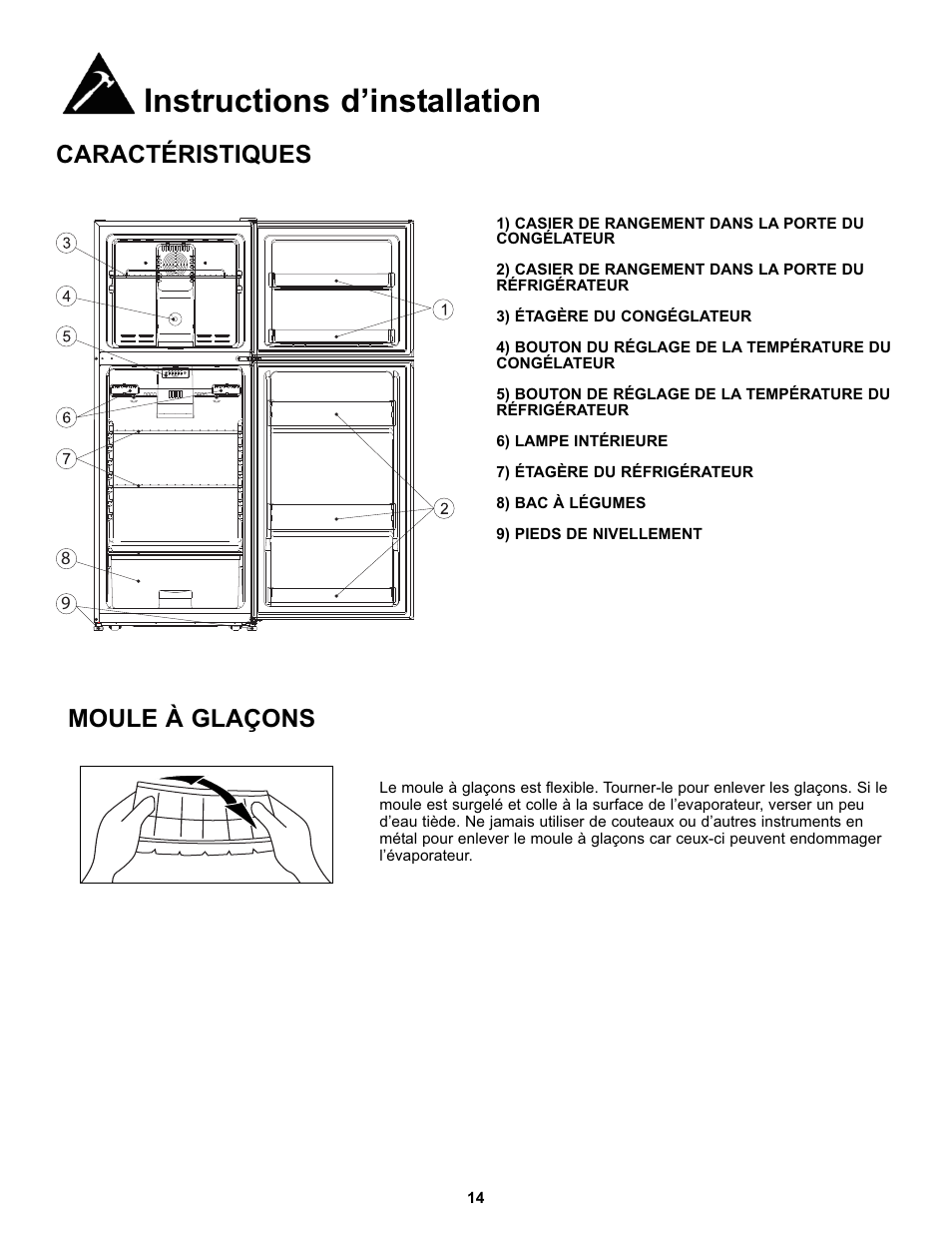 Instructions d’installation, Caractéristiques moule à glaçons | Danby DFF100C2WDD User Manual | Page 17 / 33