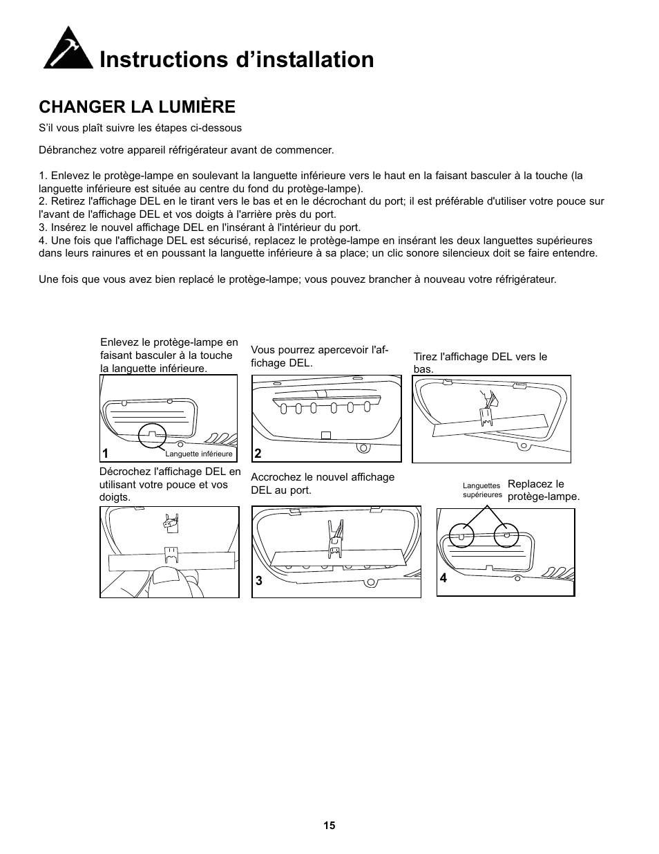 Instructions d’installation, Changer la lumière | Danby DFF100C2WDD User Manual | Page 18 / 33