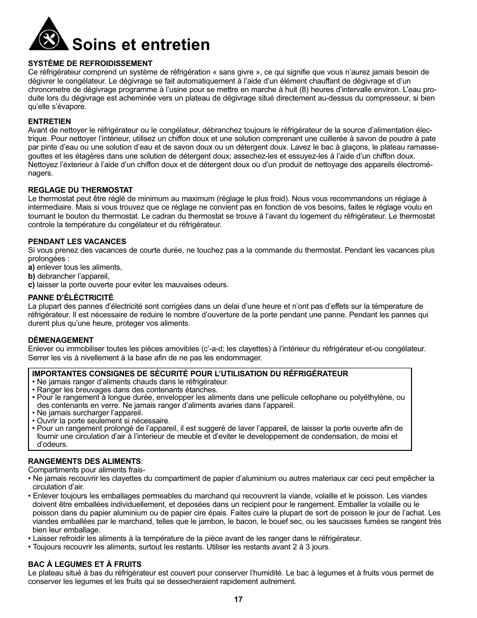 Soins et entretien | Danby DFF100C2WDD User Manual | Page 20 / 33