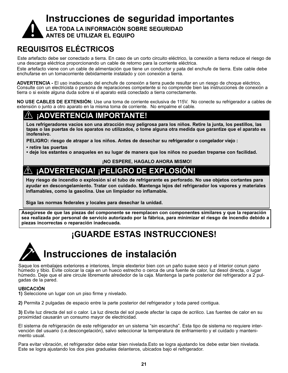 Instrucciones de seguridad importantes, Instrucciones de instalación, Guarde estas instrucciones | Requisitos eléctricos, Advertencia! ¡peligro de explosión, Advertencia importante | Danby DFF100C2WDD User Manual | Page 24 / 33