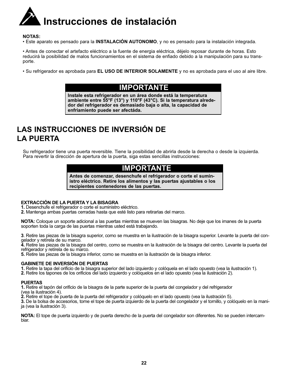 Instrucciones de instalación, Importante, Las instrucciones de inversión de la puerta | Danby DFF100C2WDD User Manual | Page 25 / 33