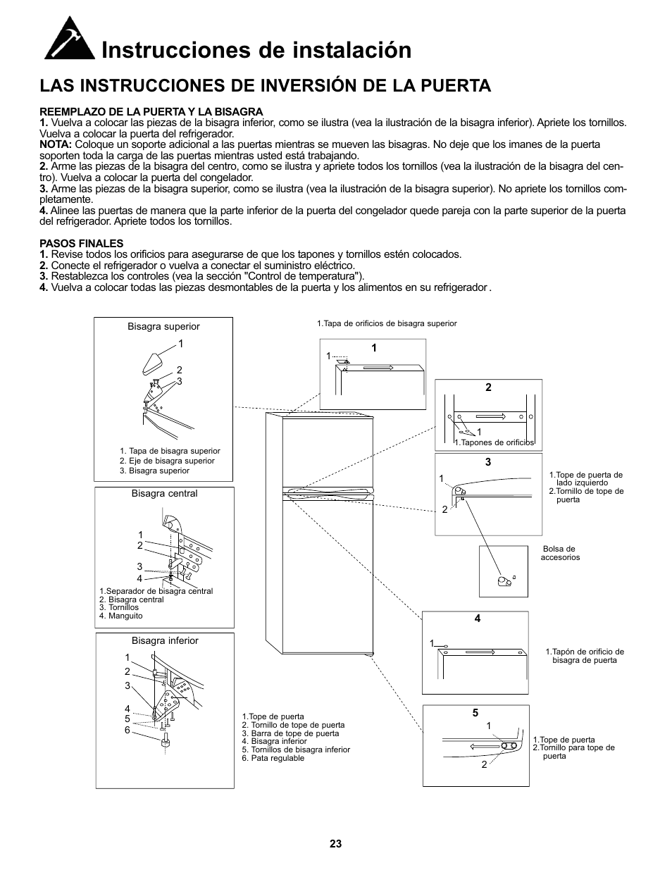 Instrucciones de instalación, Las instrucciones de inversión de la puerta | Danby DFF100C2WDD User Manual | Page 26 / 33