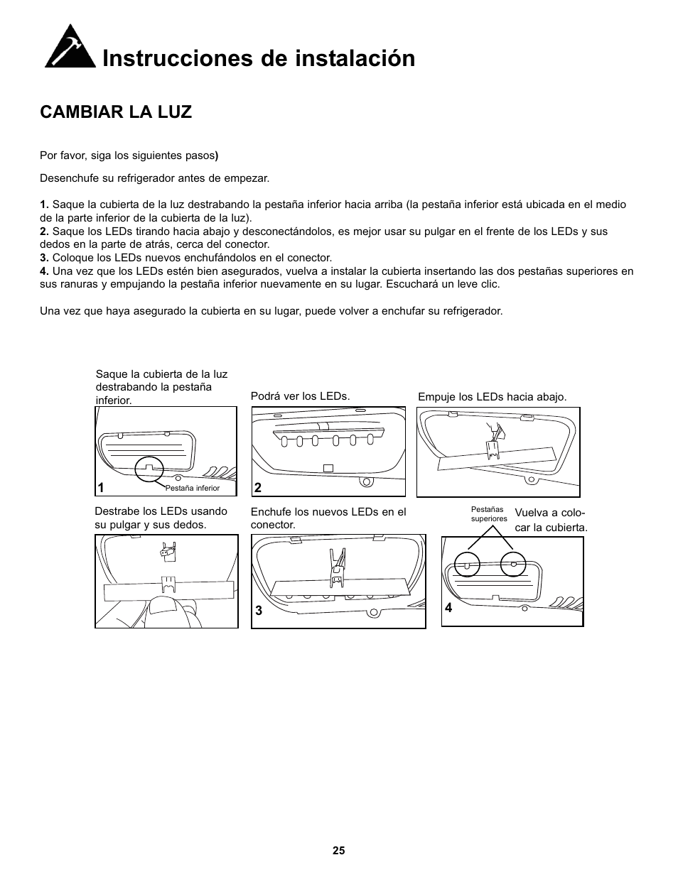 Instrucciones de instalación, Cambiar la luz | Danby DFF100C2WDD User Manual | Page 28 / 33