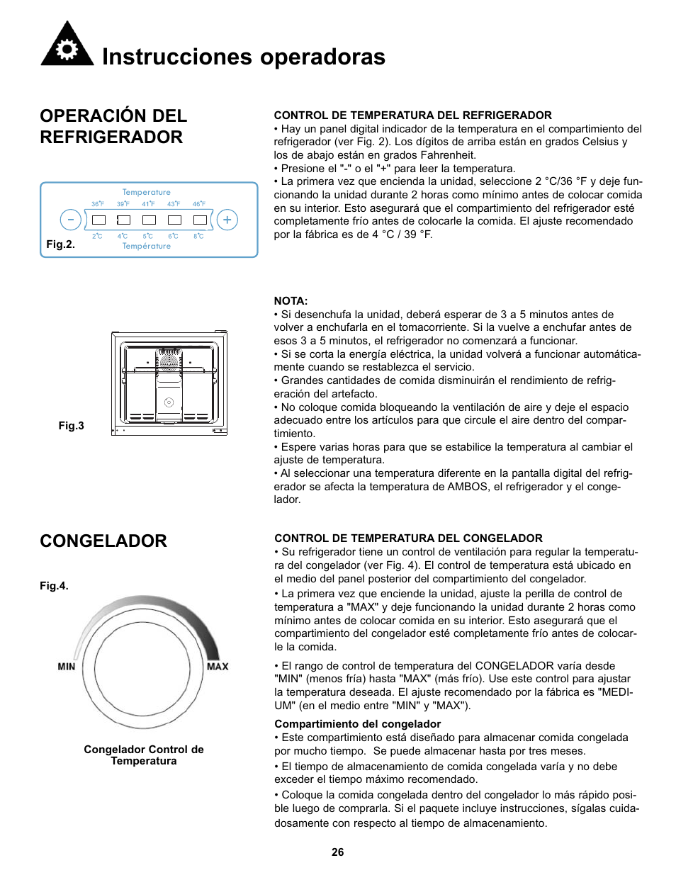 Instrucciones operadoras, Congelador, Operación del refrigerador | Danby DFF100C2WDD User Manual | Page 29 / 33