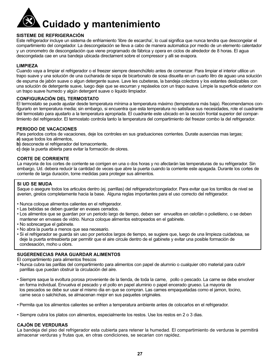 Cuidado y mantenimiento | Danby DFF100C2WDD User Manual | Page 30 / 33