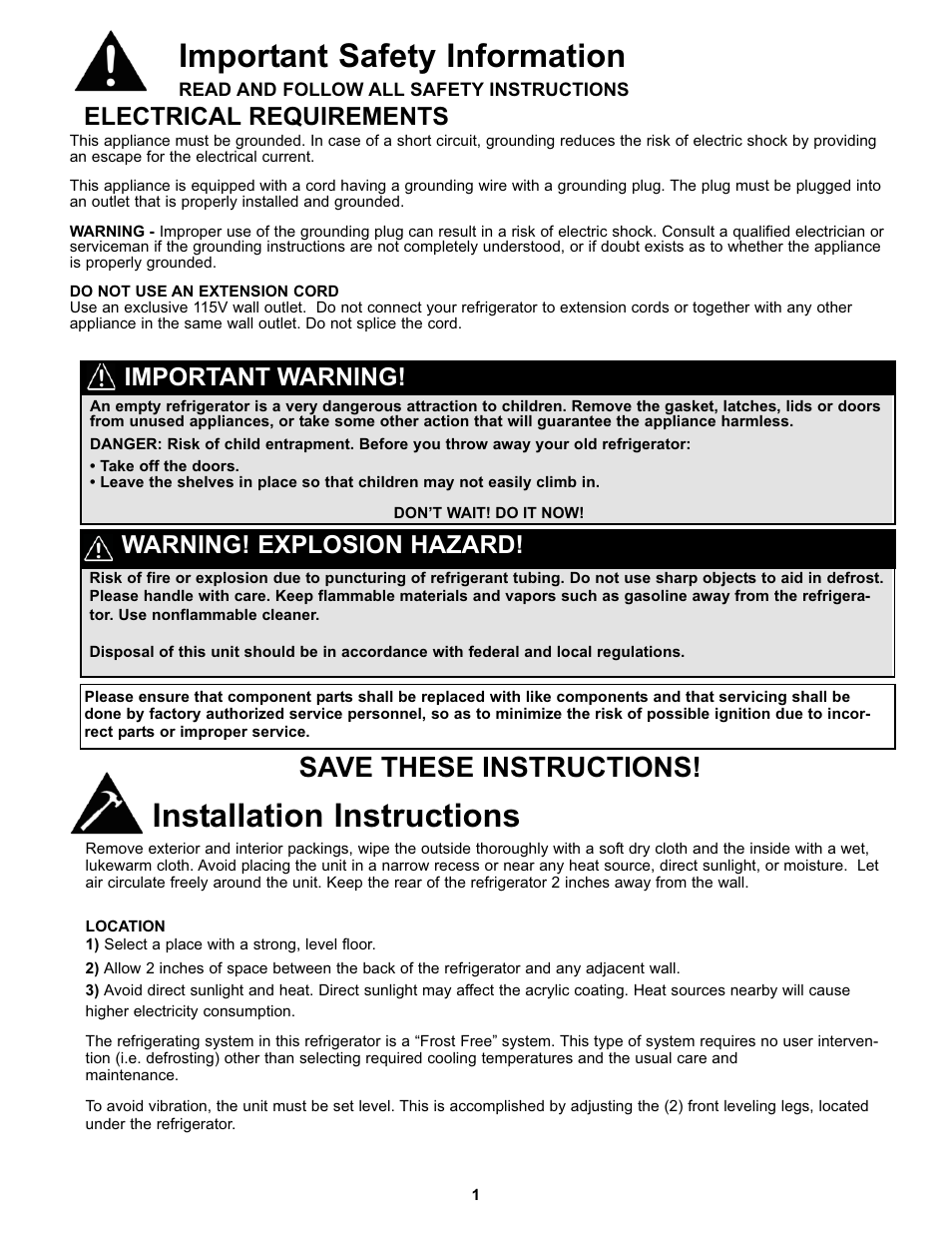 Installation instructions, Important safety information, Save these instructions | Electrical requirements, Important warning, Warning! explosion hazard | Danby DFF100C2WDD User Manual | Page 4 / 33