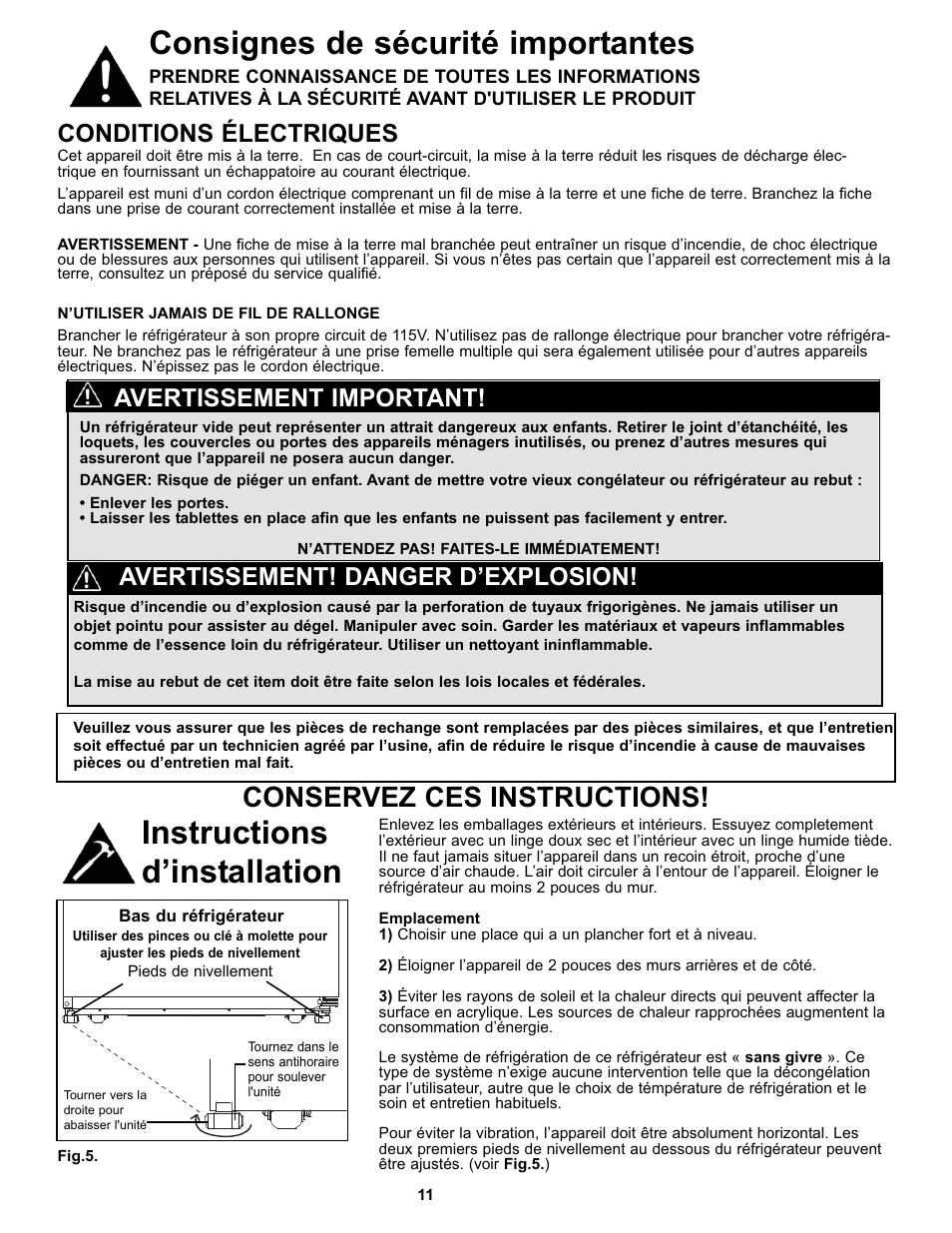 Instructions d’installation, Consignes de sécurité importantes, Conservez ces instructions | Conditions électriques, Avertissement! danger d’explosion, Avertissement important | Danby DFF123C1WDBL User Manual | Page 13 / 32