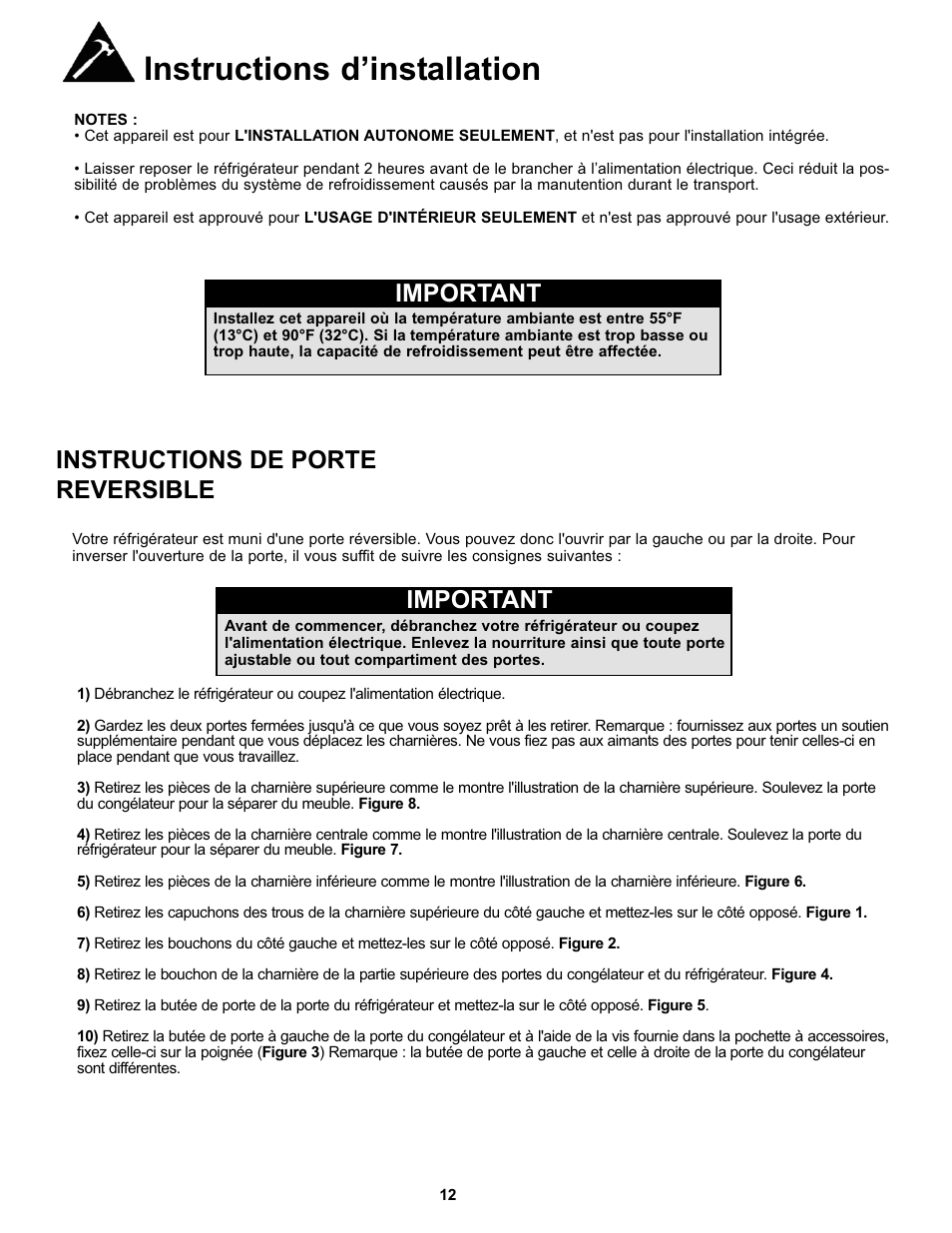 Instructions d’installation, Important, Instructions de porte reversible | Danby DFF123C1WDBL User Manual | Page 14 / 32