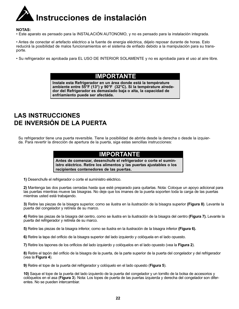 Instrucciones de instalación, Importante, Las instrucciones de inversión de la puerta | Danby DFF123C1WDBL User Manual | Page 24 / 32