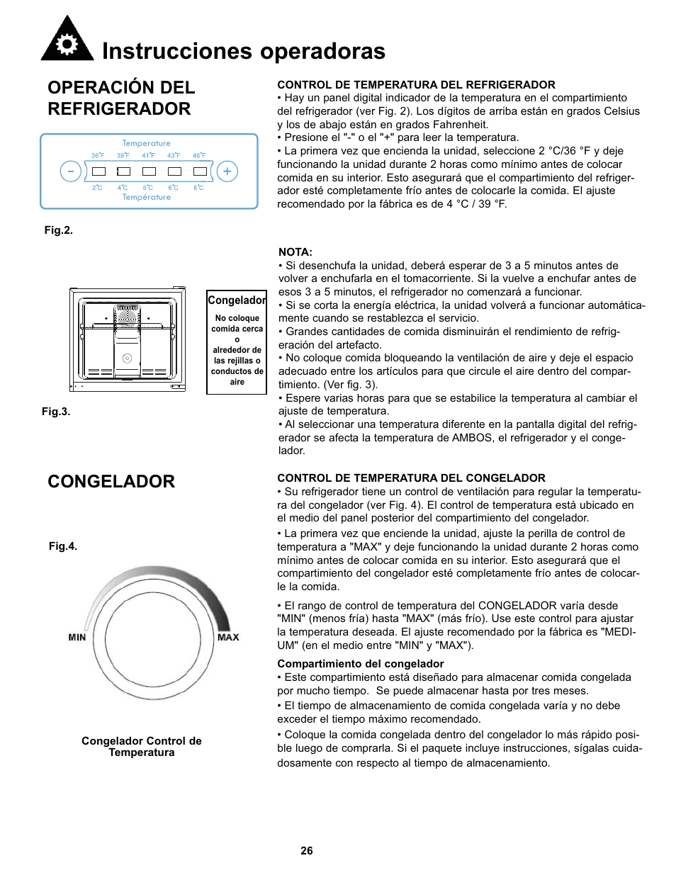 Instrucciones operadoras, Congelador, Operación del refrigerador | Danby DFF123C1WDBL User Manual | Page 28 / 32
