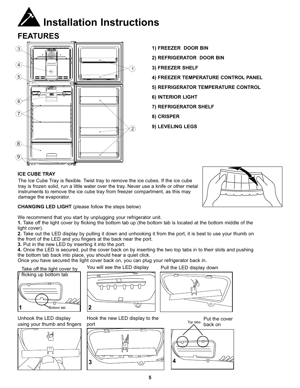 Installation instructions, Features | Danby DFF123C1WDBL User Manual | Page 7 / 32