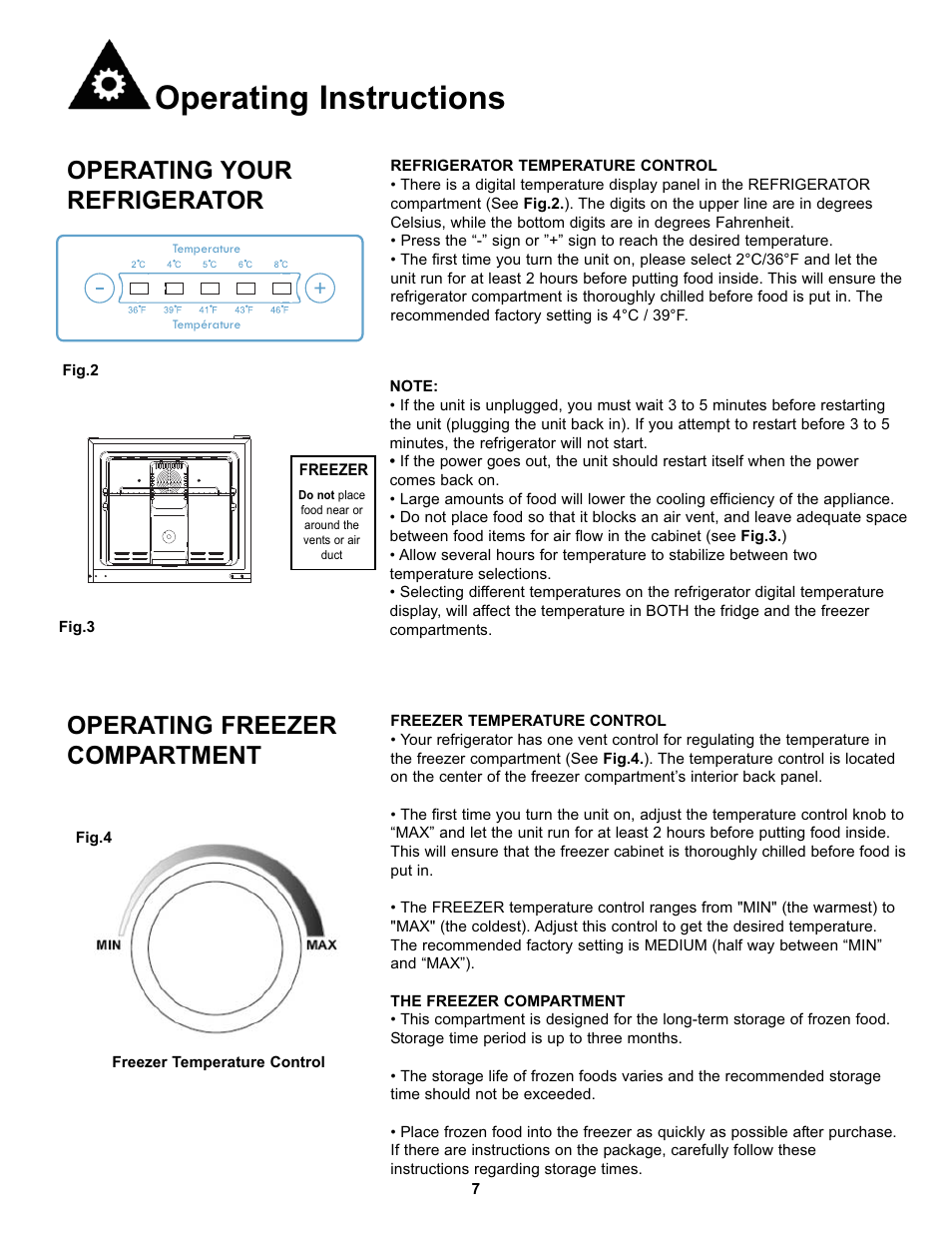 Operating instructions, Operating freezer compartment, Operating your refrigerator | Danby DFF123C2BSSDD User Manual | Page 10 / 34