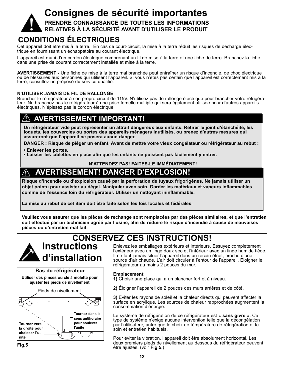 Instructions d’installation, Consignes de sécurité importantes, Conservez ces instructions | Conditions électriques, Avertissement! danger d’explosion, Avertissement important | Danby DFF123C2BSSDD User Manual | Page 15 / 34