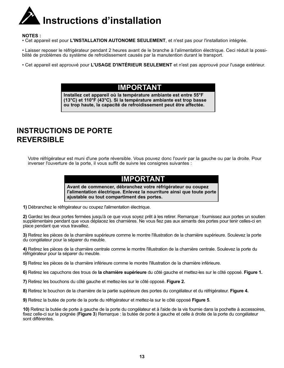 Instructions d’installation, Important, Instructions de porte reversible | Danby DFF123C2BSSDD User Manual | Page 16 / 34