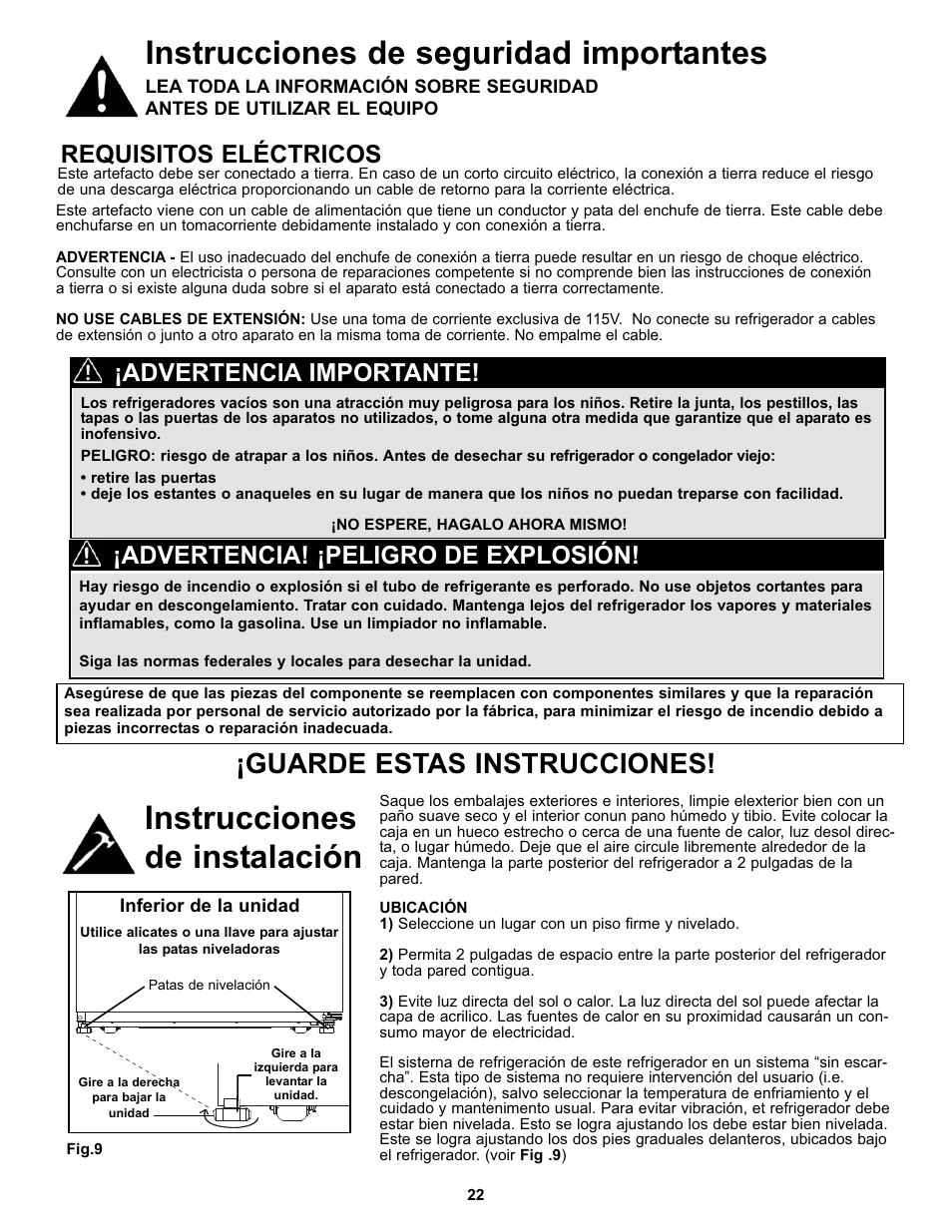 Instrucciones de instalación, Instrucciones de seguridad importantes, Guarde estas instrucciones | Requisitos eléctricos, Advertencia! ¡peligro de explosión, Advertencia importante | Danby DFF123C2BSSDD User Manual | Page 25 / 34