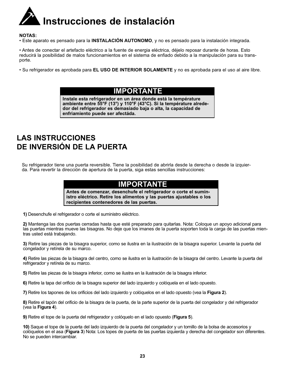 Instrucciones de instalación, Importante, Las instrucciones de inversión de la puerta | Danby DFF123C2BSSDD User Manual | Page 26 / 34