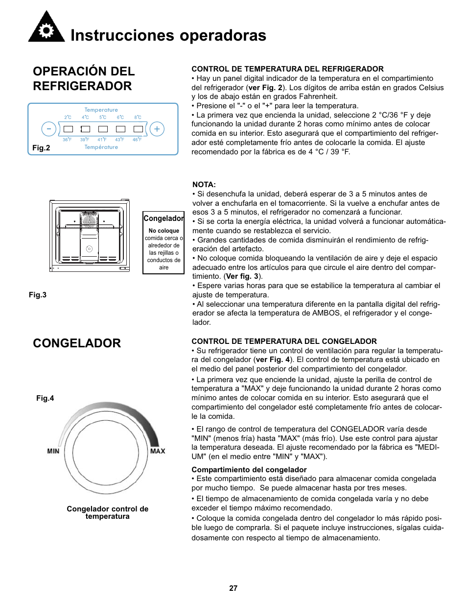 Instrucciones operadoras, Congelador, Operación del refrigerador | Danby DFF123C2BSSDD User Manual | Page 30 / 34